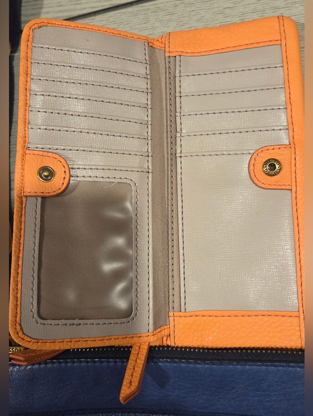 Fossil Blue Leather Crossbody Bag with Orange Fossil Wallet - Picture 6 of 8